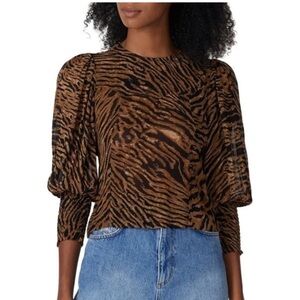 Gianni Tiger Print Bishop Sleeve Top Tie Back Animal Print Brown Orange NEW